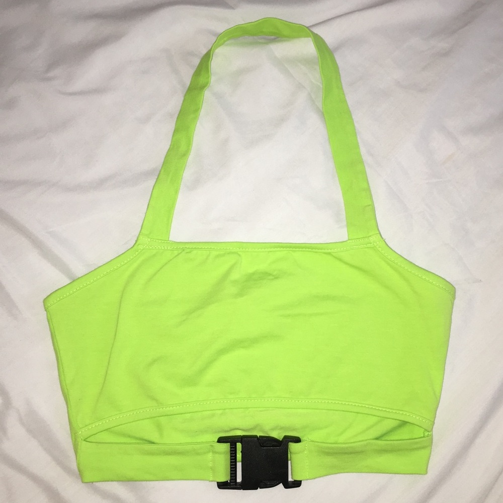 Neon Green Buckle Halter Crop Top